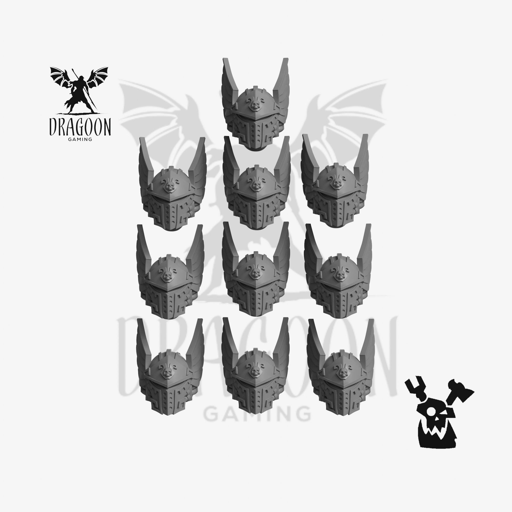 Set of ten winged helmets by DakkaDakka Studios 3d printed in grey resin for use in 28mm and 32mm tabletop wargames. This item is also compatible with Primaris sized Space Marines and Ultramarines in Warhammer 40K