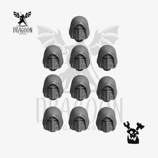 Set of ten hooded helmets by DakkaDakka Studios 3d printed in grey resin for use in 28mm and 32mm tabletop wargames. This item is also compatible with Primaris sized Space Marines in Warhammer 40K