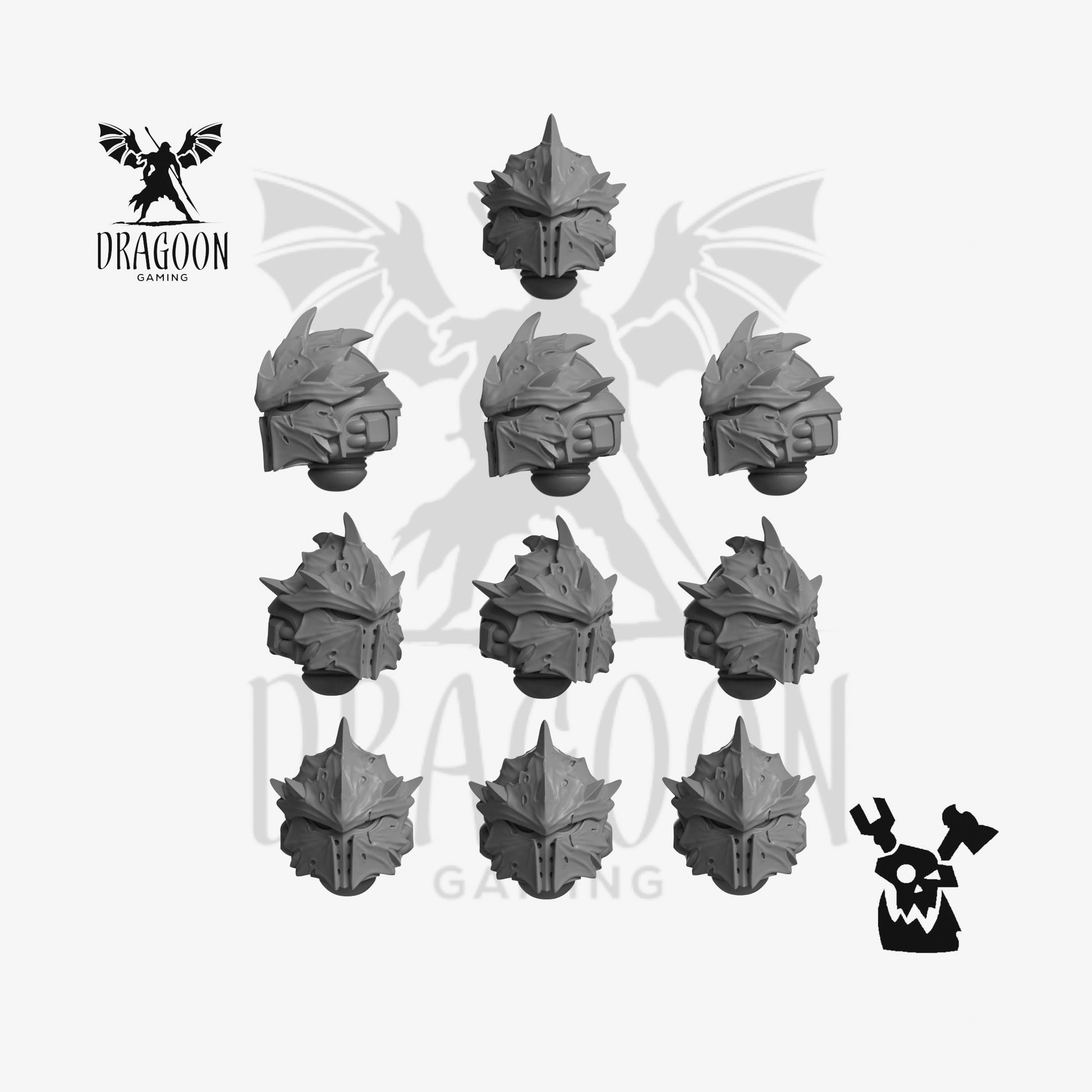 Set of ten alien bone helmets by DakkaDakka Studios 3d printed in grey resin for use in 28mm and 32mm tabletop wargames. This item is also compatible with Primaris sized Space Marines in Warhammer 40K