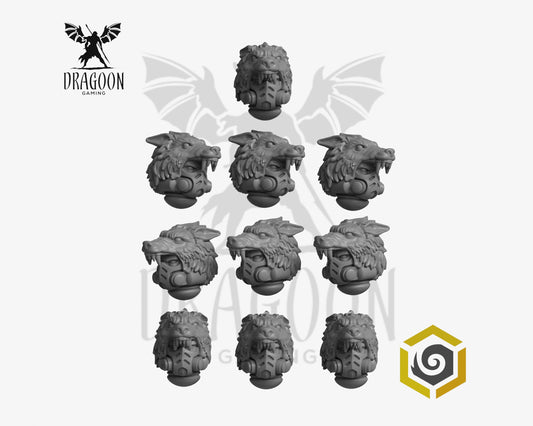 Set of ten Primal Hounds heads by Greytide Studios 3d printed in grey resin for use in 28mm and 32mm tabletop wargames. This item is also compatible with Primaris sized Space Marines and Space Wolves in Warhammer 40K