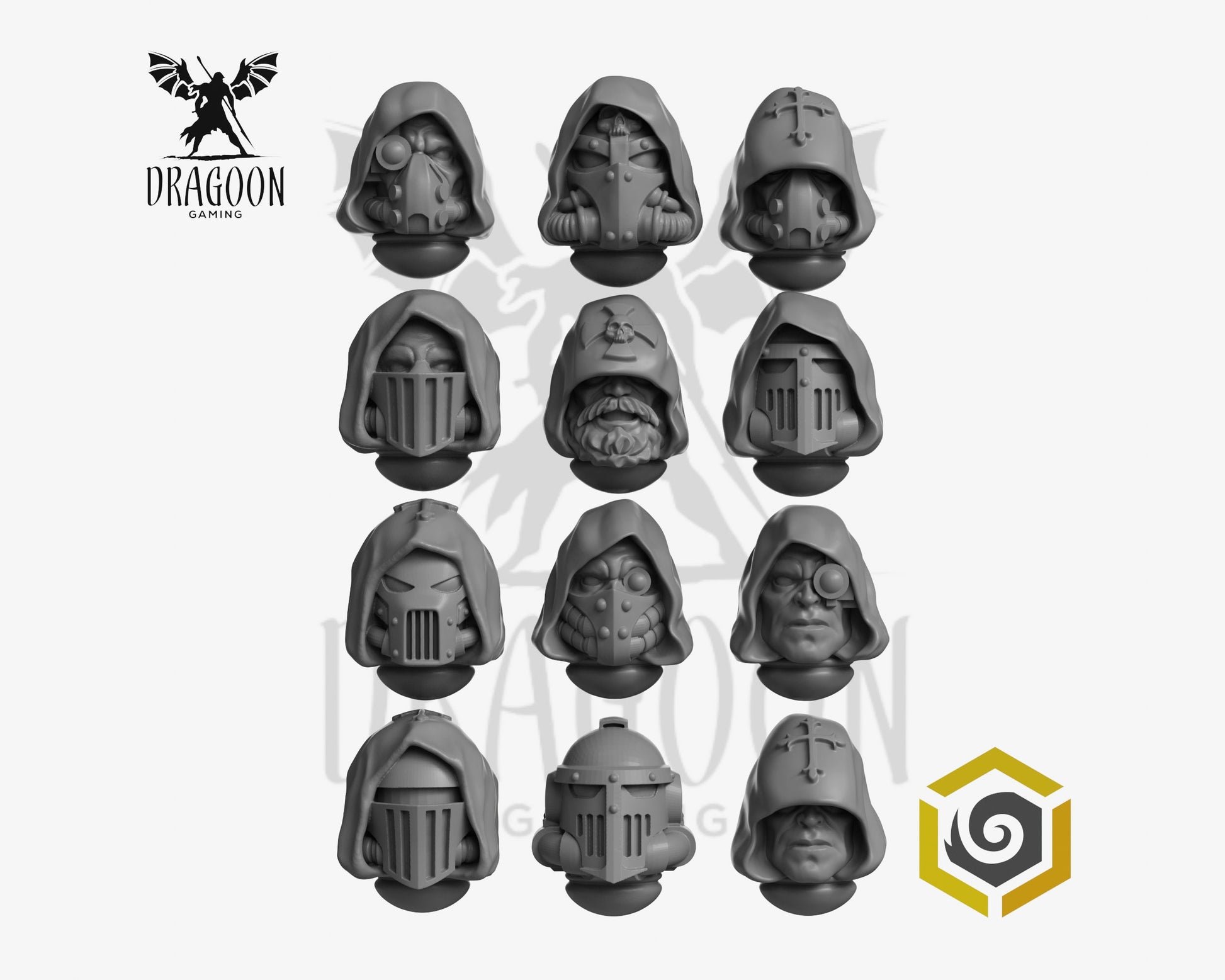 Set of twelve Eternal Pilgrims hooded heads by Greytide Studios 3d printed in grey resin for use in 28mm and 32mm tabletop wargames. This item is also compatible with Primaris sized Space Marines and Dark Angels in Warhammer 40K