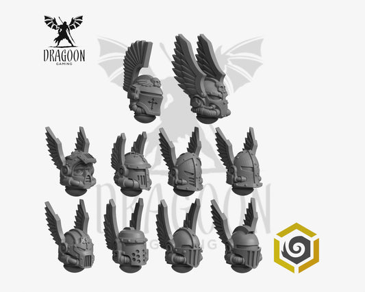Set of ten Eternal Pilgrims hooded heads by Greytide Studios 3d printed in grey resin for use in 28mm and 32mm tabletop wargames. This item is also compatible with Primaris sized Space Marines and Dark Angels in Warhammer 40K