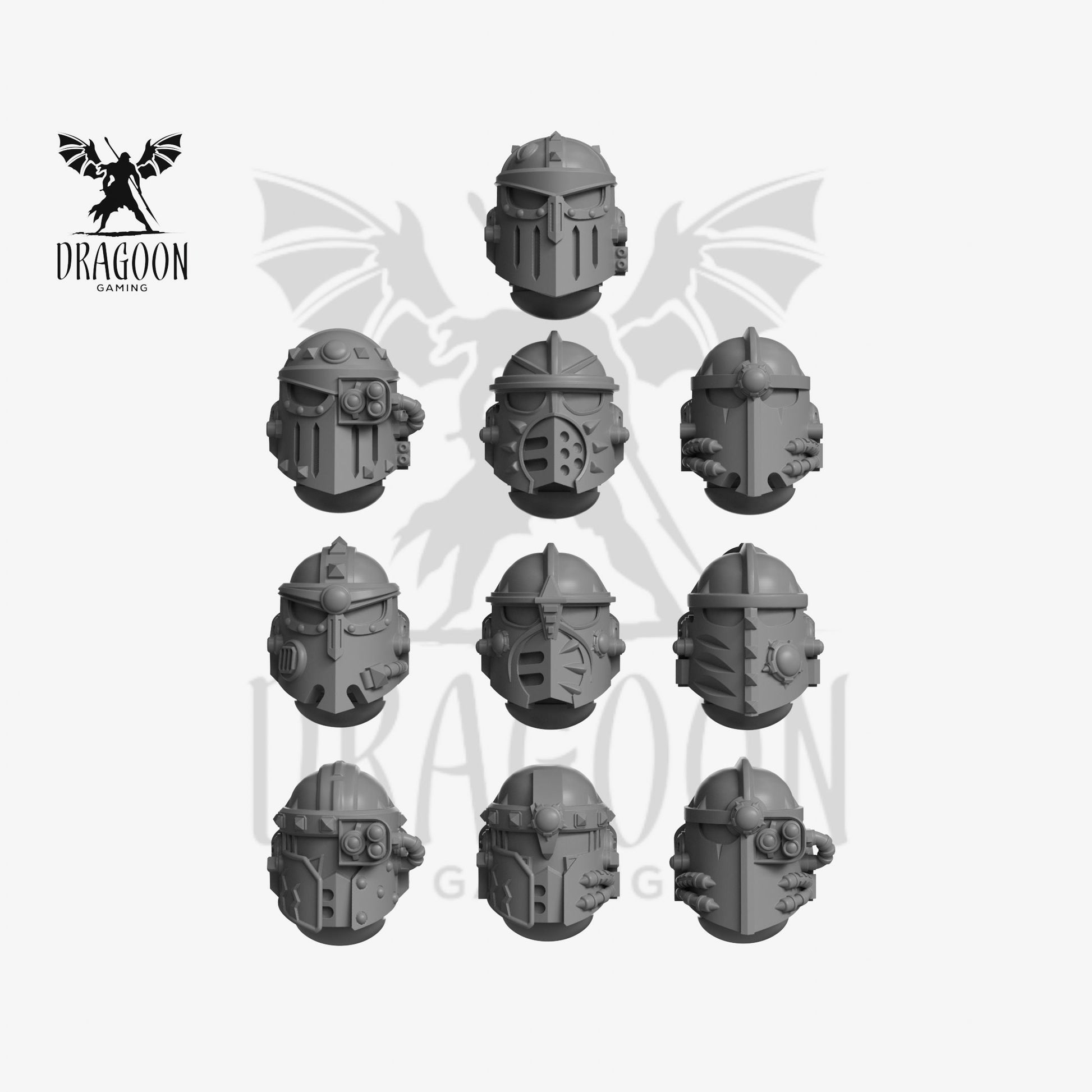 Set of ten lunar knights helmets 3d printed in grey resin for use in 28mm and 32mm tabletop wargames. This item is also compatible with Primaris sized Space Marines and in Warhammer 40K