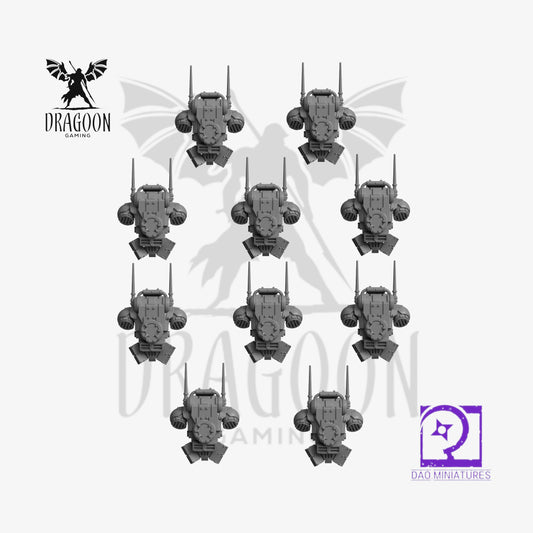 Set of ten backpacks by DAO miniatures 3d printed in grey resin for use in 28mm and 32mm tabletop wargames. This item is also compatible with Primaris sized Space Marines in Warhammer 40K