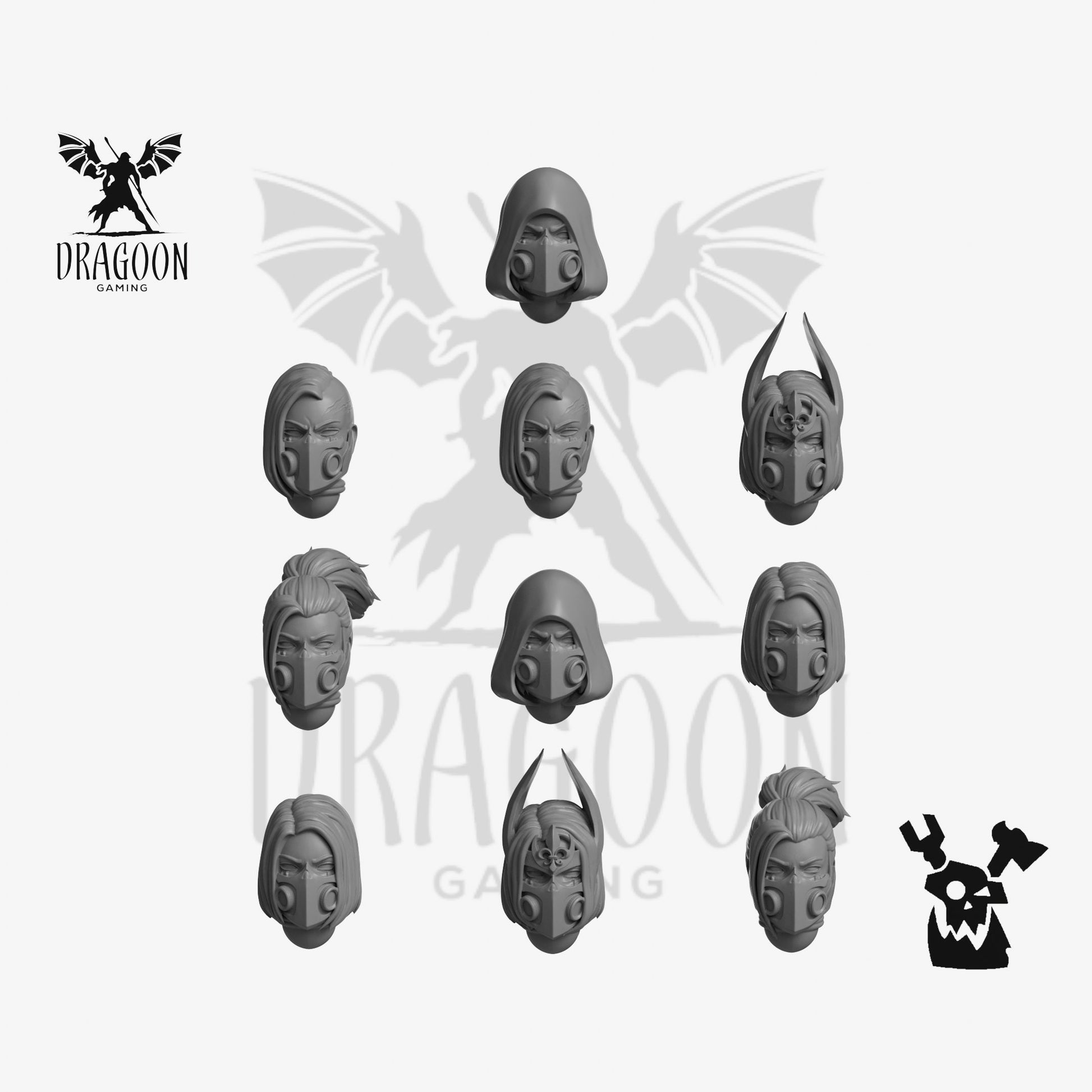 Set of ten female Space Marine Heads by DakkaDakka Studios 3d printed in grey resin for use in 32mm tabletop wargames. This item is also compatible with Primaris Space Marines and Custodes in Warhammer40K