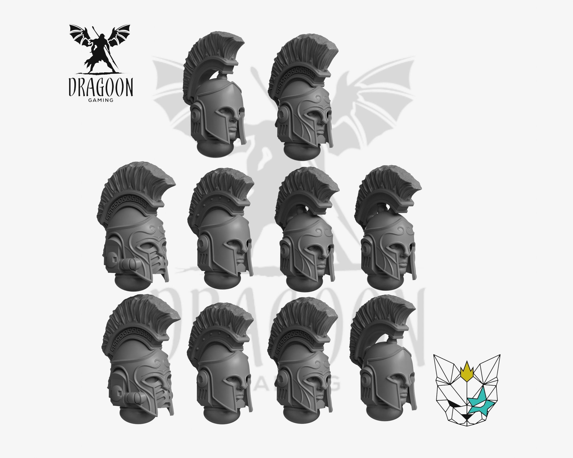 Set of ten Greek Sci-fi Marine Knight Helmets by Marta Punkgirl 3d printed in grey resin for use in 28mm and 32mm tabletop wargames. This item is also compatible with Primaris sized Space Marines and Minotaurs in Warhammer 40K