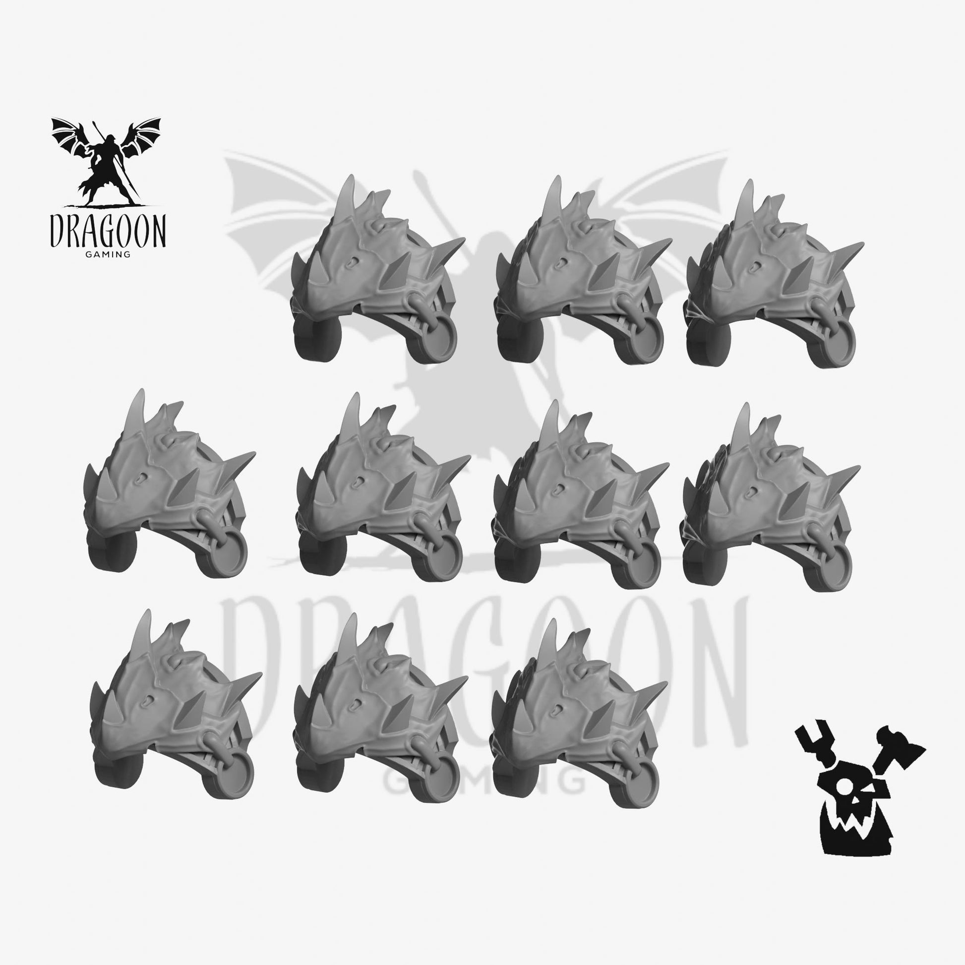 Set of ten Monster Hunterb pauldrons by DakkaDakka Studios 3d printed in grey resin for use in 28mm and 32mm tabletop wargames. This item is also compatible with Primaris sized Space Marines in Warhammer 40K