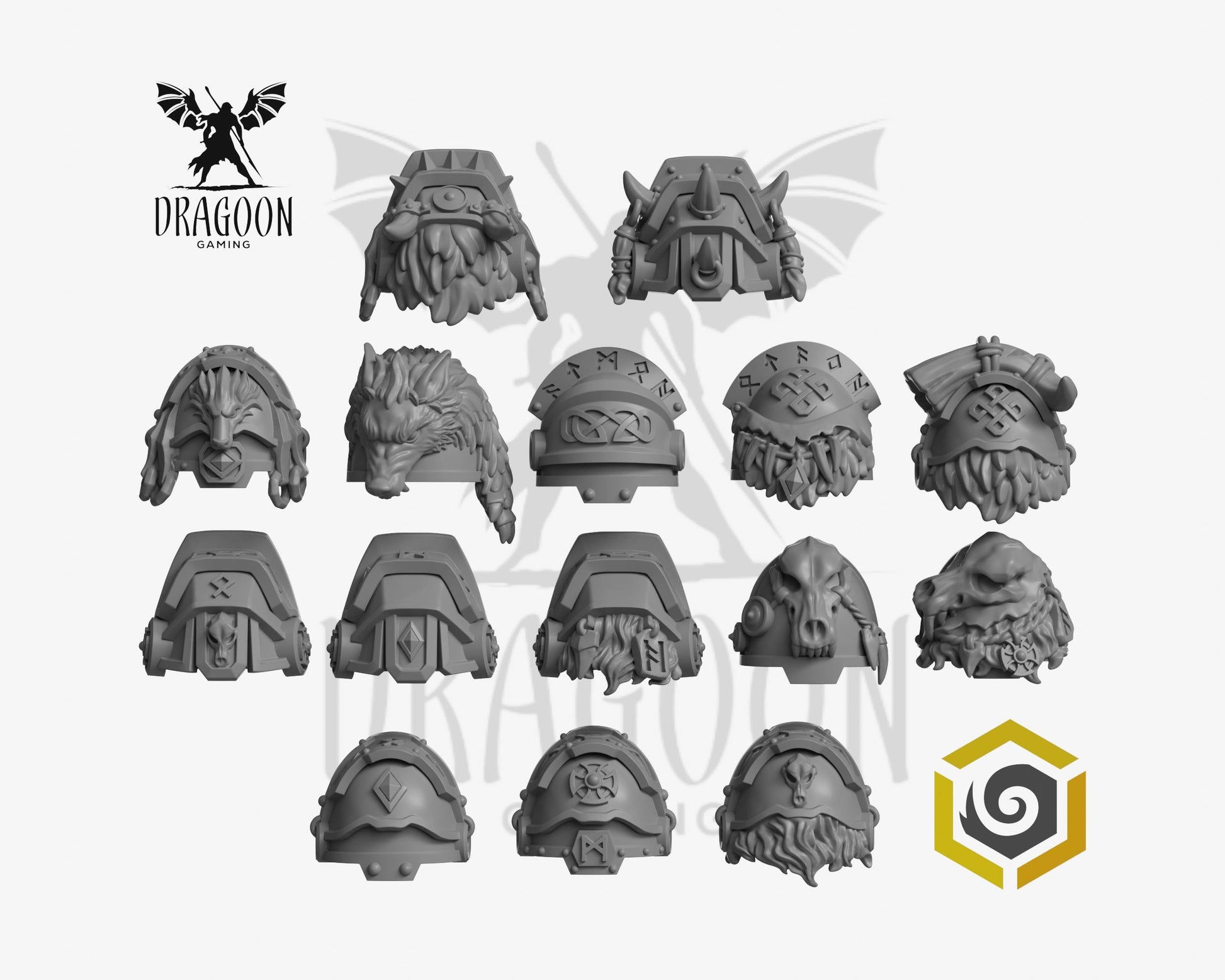 Set of fifteen Primal Hounds pauldrons by Greytide Studios 3d printed in grey resin for use in 28mm and 32mm tabletop wargames. This item is also compatible with Primaris sized Space Marines and Space Wolves in Warhammer 40K