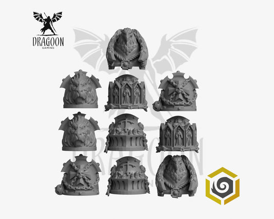 Set of ten Eternal Pilgrims Termi pauldrons by Greytide Studios 3d printed in grey resin for use in 28mm and 32mm tabletop wargames. This item is also compatible with Primaris sized Space Marines and Dark Angels in Warhammer 40K