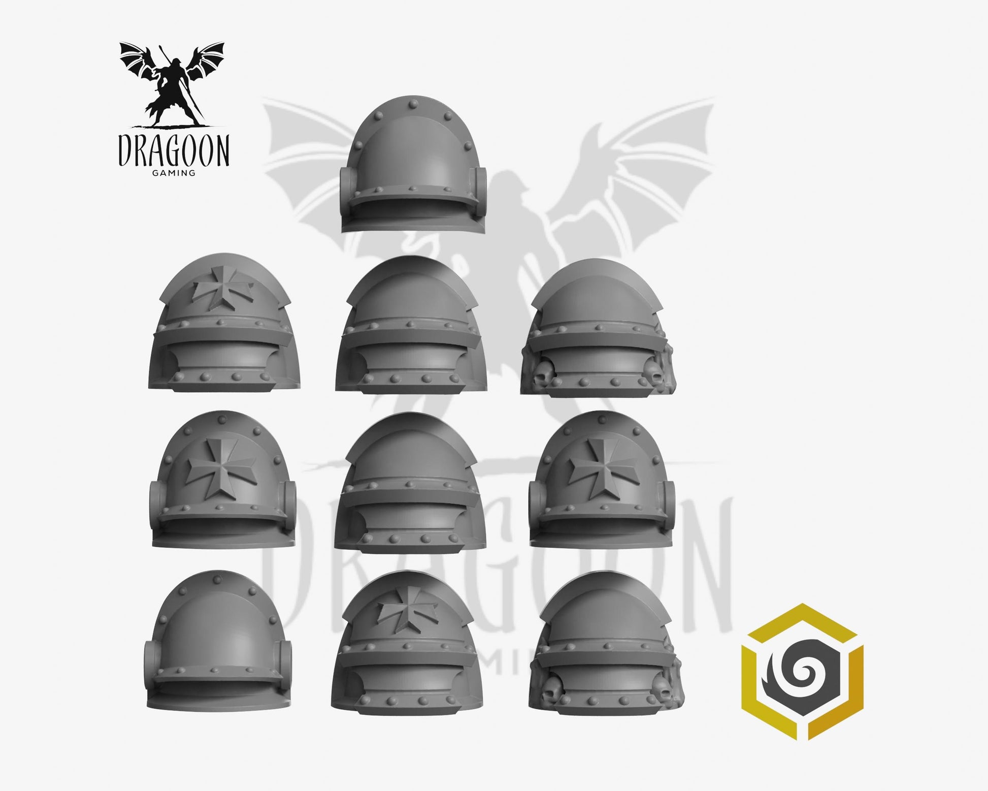 Set of ten Eternal Pilgrims Termi pauldrons by Greytide Studios 3d printed in grey resin for use in 28mm and 32mm tabletop wargames. This item is also compatible with Primaris sized Space Marines and Dark Angels in Warhammer 40K