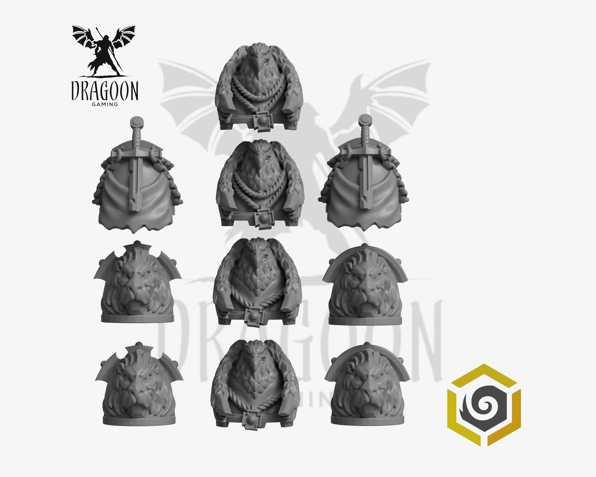 Set of ten Eternal Pilgrims Termi pauldrons by Greytide Studios 3d printed in grey resin for use in 28mm and 32mm tabletop wargames. This item is also compatible with Primaris sized Space Marines and Dark Angels in Warhammer 40K