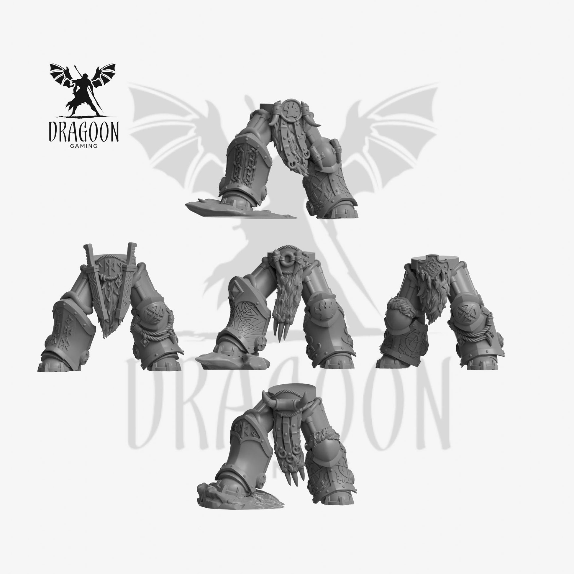 Set of five leg Conversions for space marine terminators 3d printed in grey resin for use in 28mm and 32mm tabletop wargames. This item is also compatible with Leviathan scale terminators  inspacve marine and space wolves in Warhammer 40K