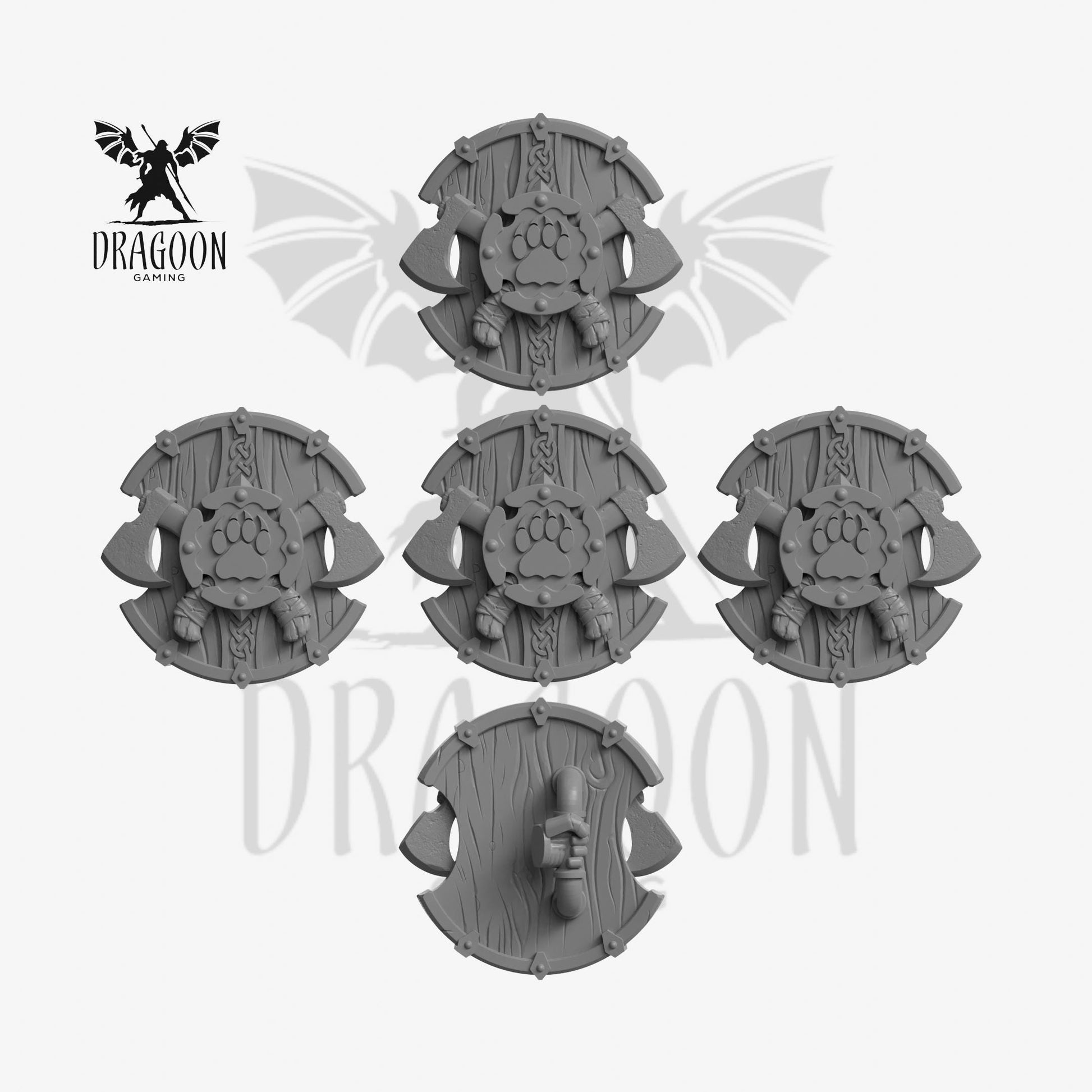 Set of five Terminator shields  3d printed in grey resin for use in 28mm and 32mm tabletop wargames. This item is also compatible with Primaris sized Terminator Space Marines and space wolves in Warhammer 40K