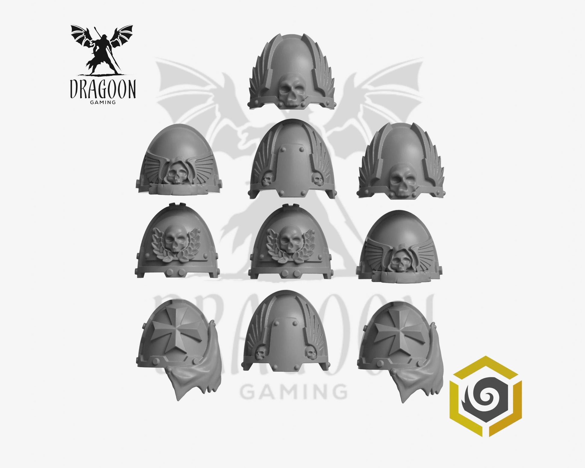 Set of ten Eternal Pilgrims Termi pauldrons by Greytide Studios 3d printed in grey resin for use in 28mm and 32mm tabletop wargames. This item is also compatible with Primaris sized Space Marines, Black Templars and Dark Angels in Warhammer 40K