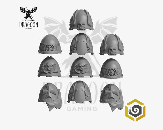 Set of ten Eternal Pilgrims Termi pauldrons by Greytide Studios 3d printed in grey resin for use in 28mm and 32mm tabletop wargames. This item is also compatible with Primaris sized Space Marines, Black Templars and Dark Angels in Warhammer 40K