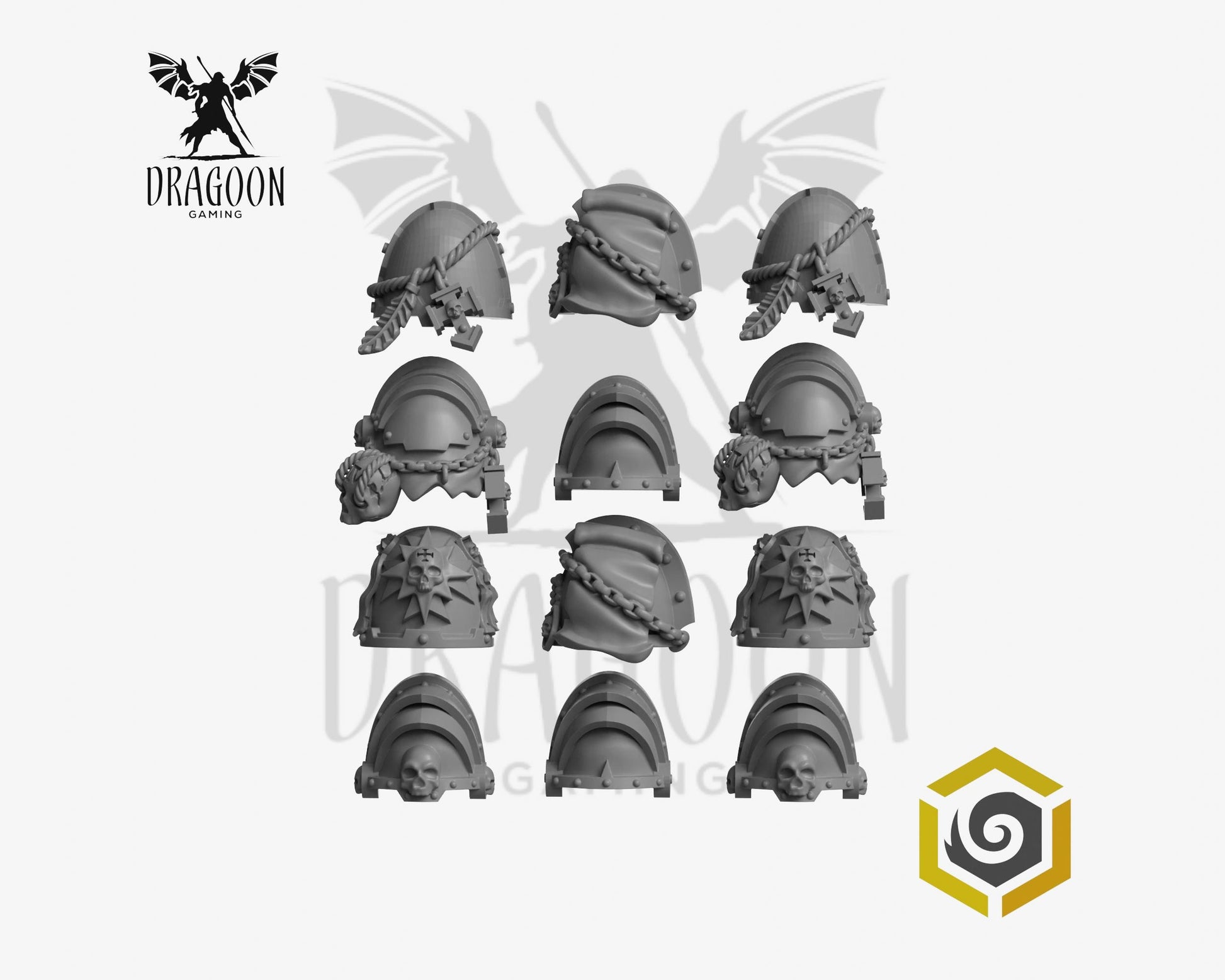 Set of ten Eternal Pilgrims Termi pauldrons by Greytide Studios 3d printed in grey resin for use in 28mm and 32mm tabletop wargames. This item is also compatible with Primaris sized Space Marines, Black Templars and Dark Angels in Warhammer 40K