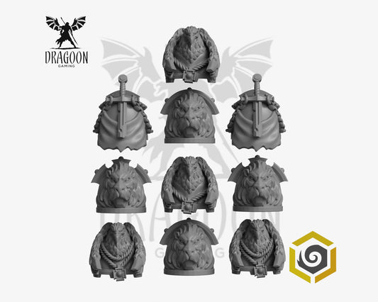 Set of ten Eternal Pilgrims pauldrons by Greytide Studios 3d printed in grey resin for use in 28mm and 32mm tabletop wargames. This item is also compatible with Primaris sized Space Marines, Black Templars  and Dark Angels in Warhammer 40K