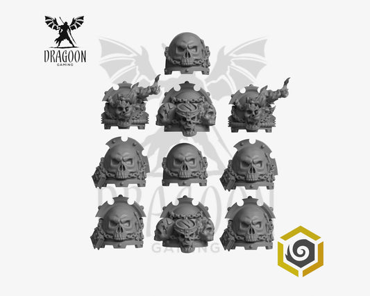 Set of ten Eternal Pilgrims pauldrons by Greytide Studios 3d printed in grey resin for use in 28mm and 32mm tabletop wargames. This item is also compatible with Primaris sized Space Marines, Black Templars  and Dark Angels in Warhammer 40K