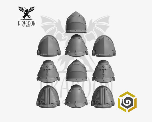 Set of ten Eternal Pilgrims pauldrons by Greytide Studios 3d printed in grey resin for use in 28mm and 32mm tabletop wargames. This item is also compatible with Primaris sized Space Marines, Black Templars  and Dark Angels in Warhammer 40K