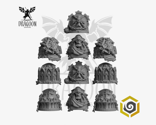 Set of ten Eternal Pilgrims pauldrons by Greytide Studios 3d printed in grey resin for use in 28mm and 32mm tabletop wargames. This item is also compatible with Primaris sized Space Marines, Black Templars  and Dark Angels in Warhammer 40K