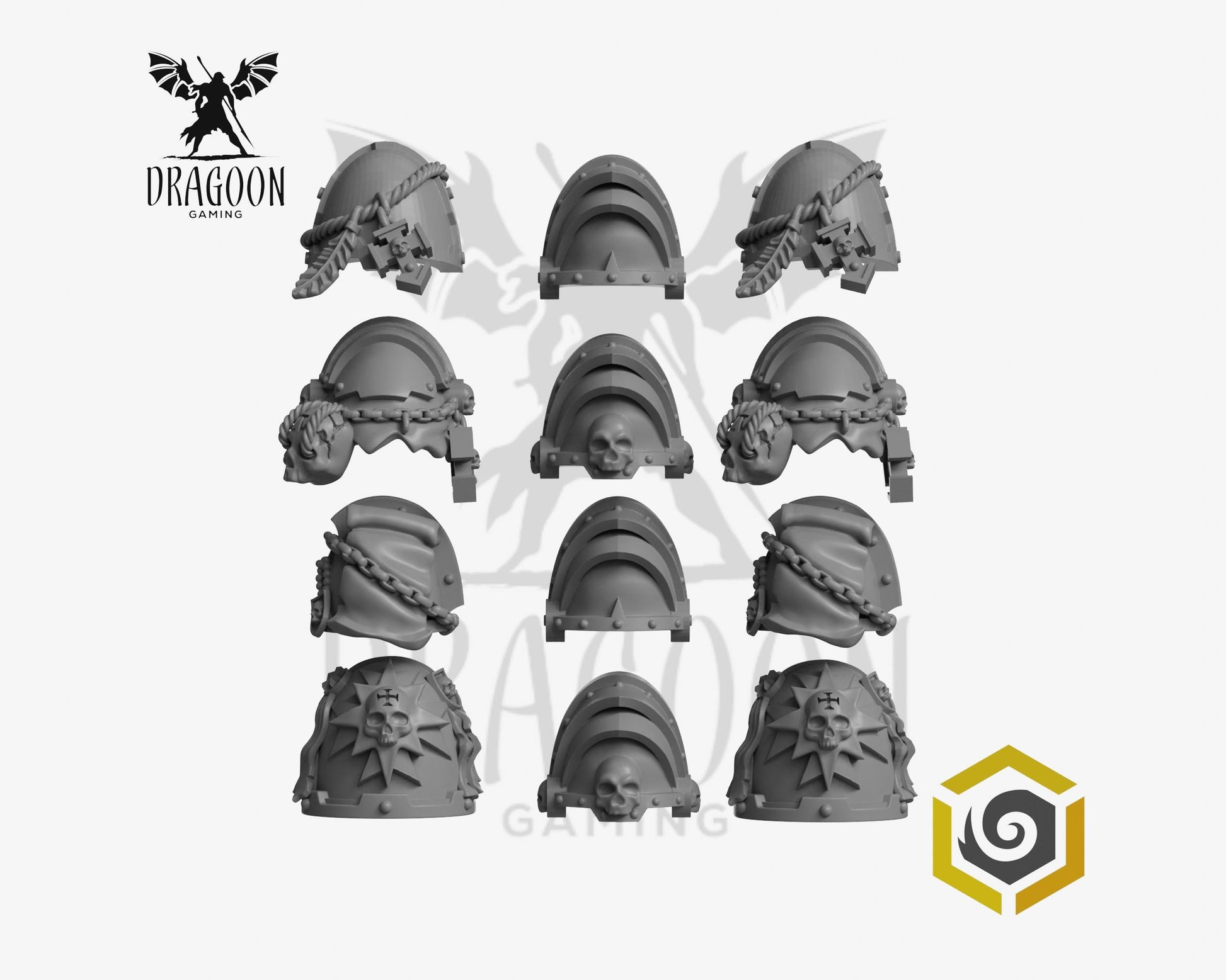 Set of twelve Eternal Pilgrims pauldrons by Greytide Studios 3d printed in grey resin for use in 28mm and 32mm tabletop wargames. This item is also compatible with Primaris sized Space Marines Black Templar and Dark Angels in Warhammer 40K