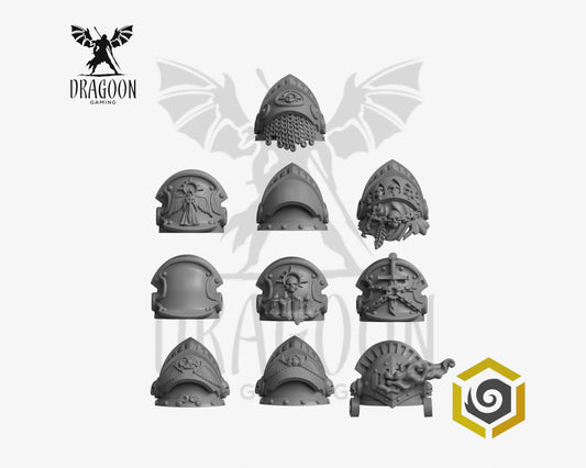 Set of ten Eternal Pilgrims Terminator pauldrons by Greytide Studios 3d printed in grey resin for use in 28mm and 32mm tabletop wargames. This item is also compatible with Primaris sized Space Marines and Dark Angels in Warhammer 40K