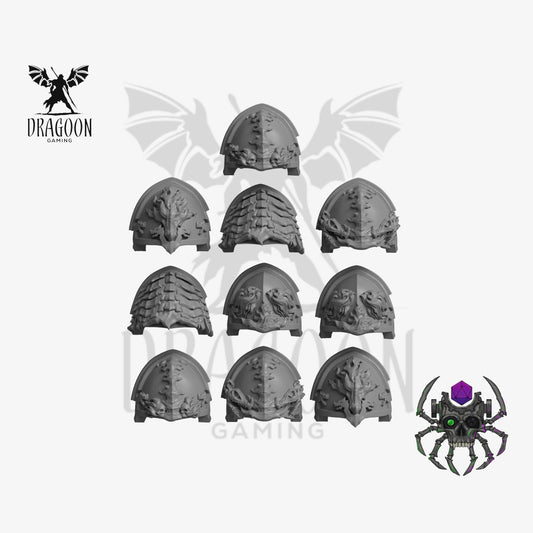 Set of ten Flame Lizard Pauldrons by Eight Legs Miniatures 3d printed in grey resin for use in 28mm and 32mm tabletop wargames. This item is also compatible with Primaris sized Space Marines and Salamanders in Warhammer 40K