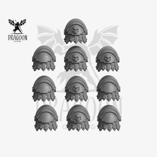 Set of ten Roman style pauldrons by Greytide Studios 3d printed in grey resin for use in 28mm and 32mm tabletop wargames. This item is also compatible with Primaris sized Space Marines and Ultramarines in Warhammer 40K