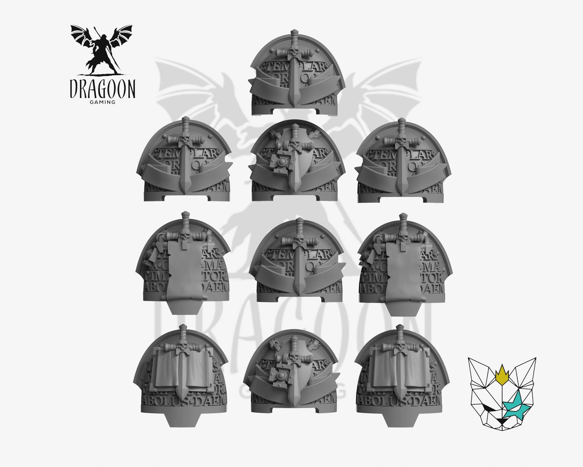 Set of Knight Terminator pauldrons by Marta Punkgirl 3d printed in grey resin for use in 28mm/32mm tabletop wargames. This item is compatible with Primaris sized Space Marines Terminators, Grey Knights, Black Templars and Dark Angels in Warhammer 40K