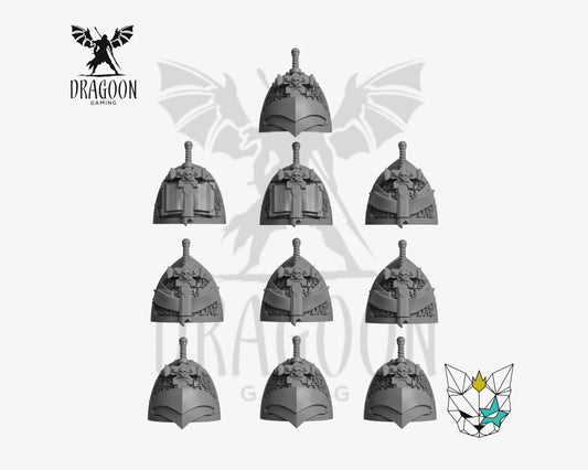 Set of ten Knight pauldrons by Marta Punkgirl 3d printed in grey resin for use in 28mm and 32mm tabletop wargames. This item is also compatible with Primaris sized Space Marines Blood Angels, Grey Knights, Black Templar in Warhammer 40K