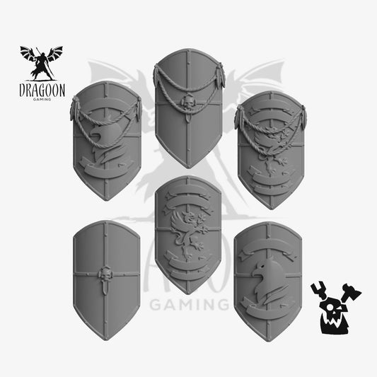 Set of six crusader shields by DakkaDakka studios 3d printed in grey resin for use in 28mm and 32mm tabletop wargames. This item is also compatible with Primaris sized Space Marines and Dark Angels in Warhammer 40K