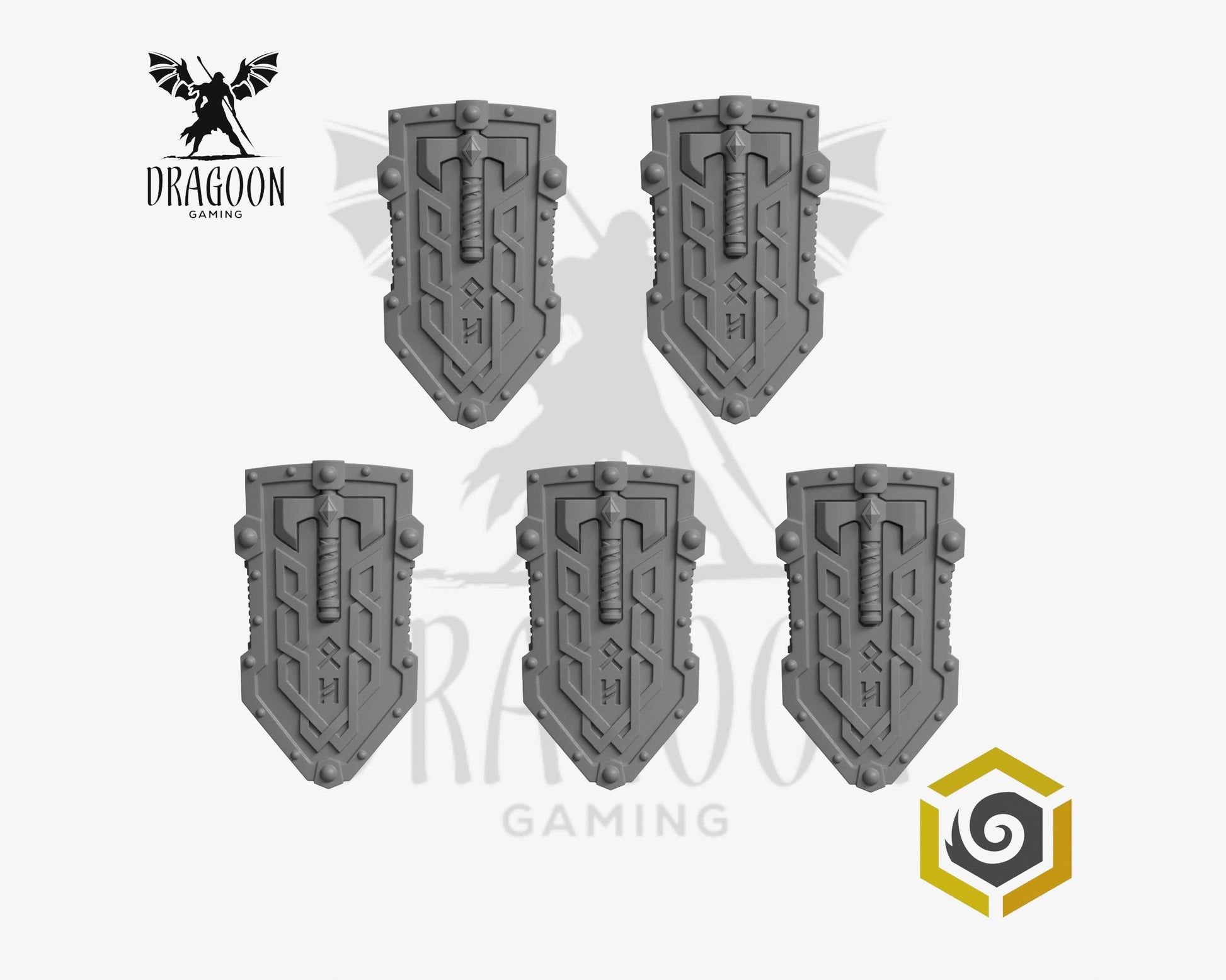 Set of five Primal Hounds shields by Greytide Studios 3d printed in grey resin for use in 28mm and 32mm tabletop wargames. This item is also compatible with Primaris sized Space Marines and Space Wolves in Warhammer 40K