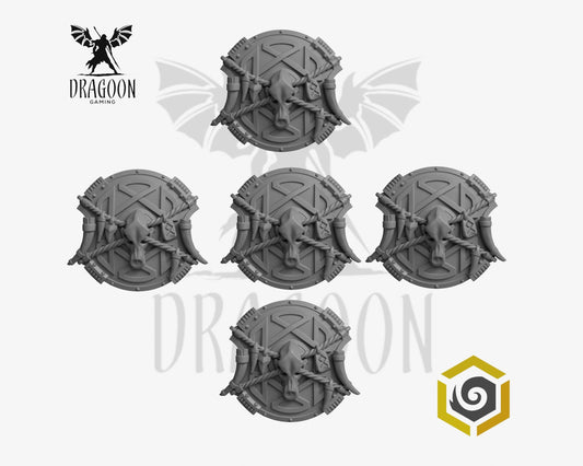 Set of five Primal Hounds shields by Greytide Studios 3d printed in grey resin for use in 28mm and 32mm tabletop wargames. This item is also compatible with Primaris sized Space Marines and Space Wolves in Warhammer 40K