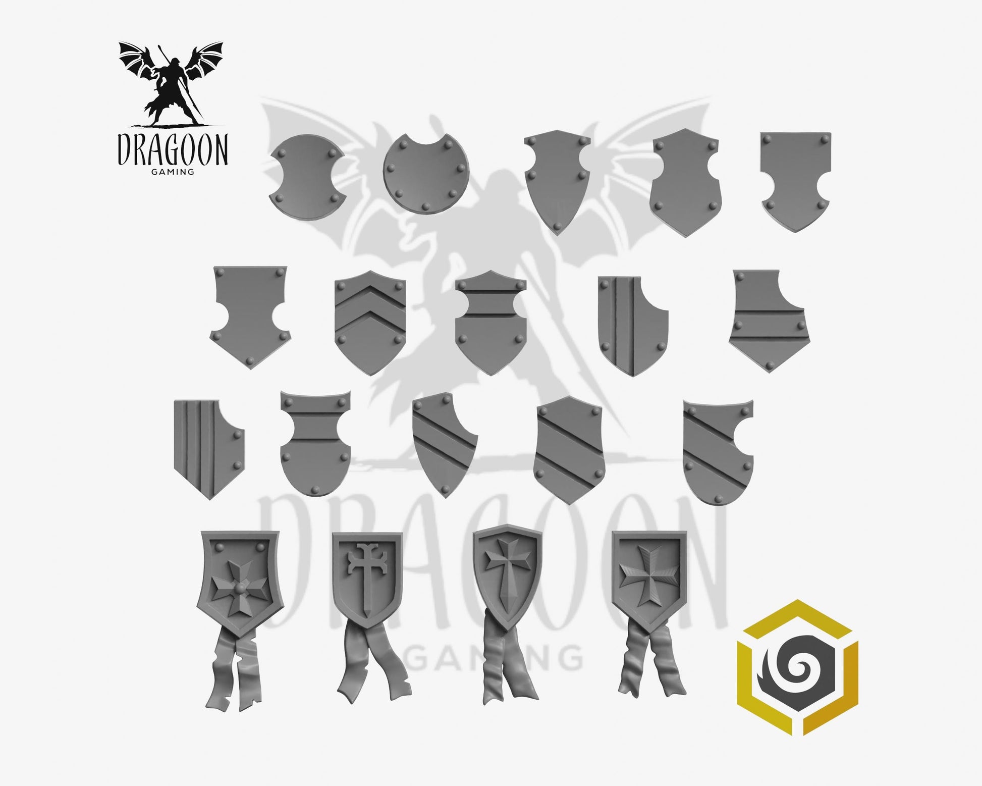 Set of nineteen Eternal Pilgrim shoulder shields by Greytide Studios 3d printed in grey resin for use in 28mm and 32mm tabletop wargames. This item is also compatible with Primaris sized Space Marines and Dark Angels in Warhammer 40K