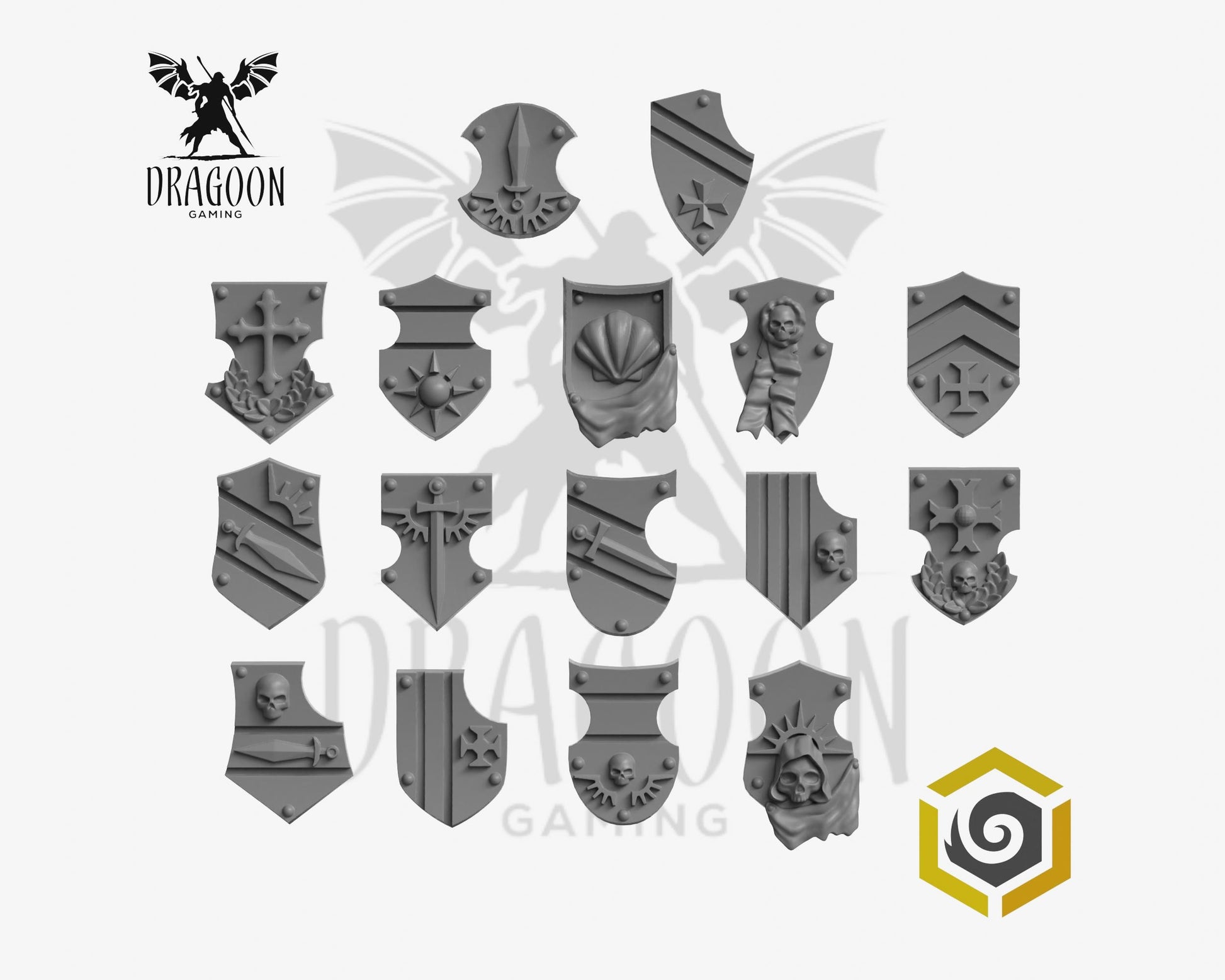 Set of sixteen Eternal Pilgrim shoulder shields by Greytide Studios 3d printed in grey resin for use in 28mm and 32mm tabletop wargames. This item is also compatible with Primaris sized Space Marines and Dark Angels in Warhammer 40K