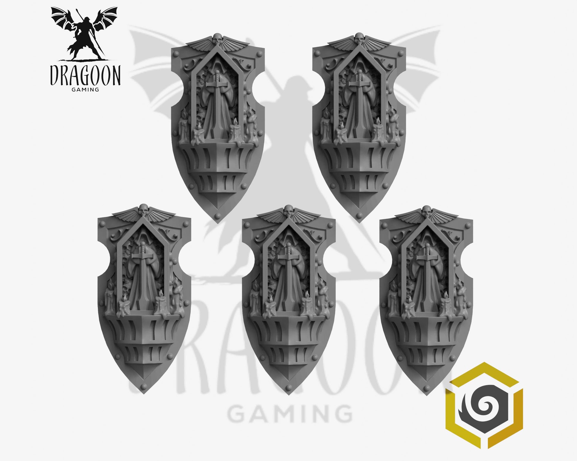 Set of five Eternal Pilgrim shields by Greytide Studios 3d printed in grey resin for use in 28mm and 32mm tabletop wargames. This item is also compatible with Primaris sized Space Marines and Dark Angels in Warhammer 40K