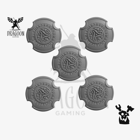 Set of five rune shields by DakkaDakka Studios 3d printed in grey resin for use in 28mm and 32mm tabletop wargames. This item is also compatible with Primaris sized Space Marines and Space Wolves in Warhammer 40K