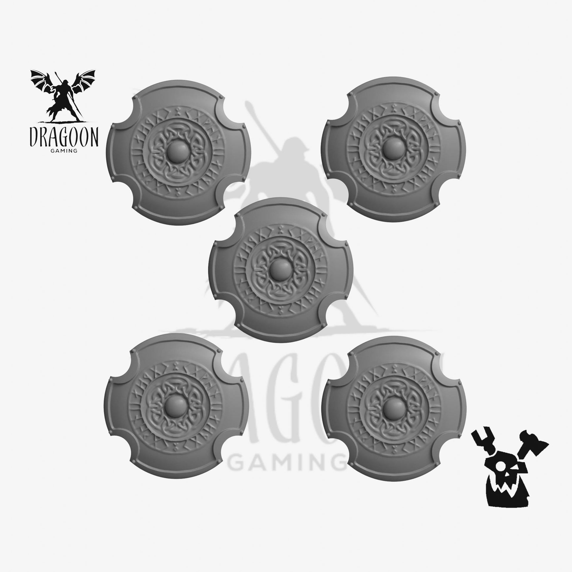 Set of five rune shields by DakkaDakka Studios 3d printed in grey resin for use in 28mm and 32mm tabletop wargames. This item is also compatible with Primaris sized Space Marines and Space Wolves in Warhammer 40K