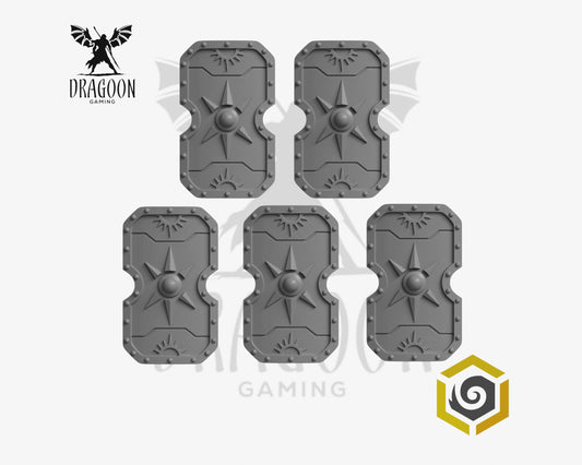 Set of five Roman style shields by Greytide Studios 3d printed in grey resin for use in 28mm and 32mm tabletop wargames. This item is also compatible with Primaris sized Space Marines and Ultramarines in Warhammer 40K