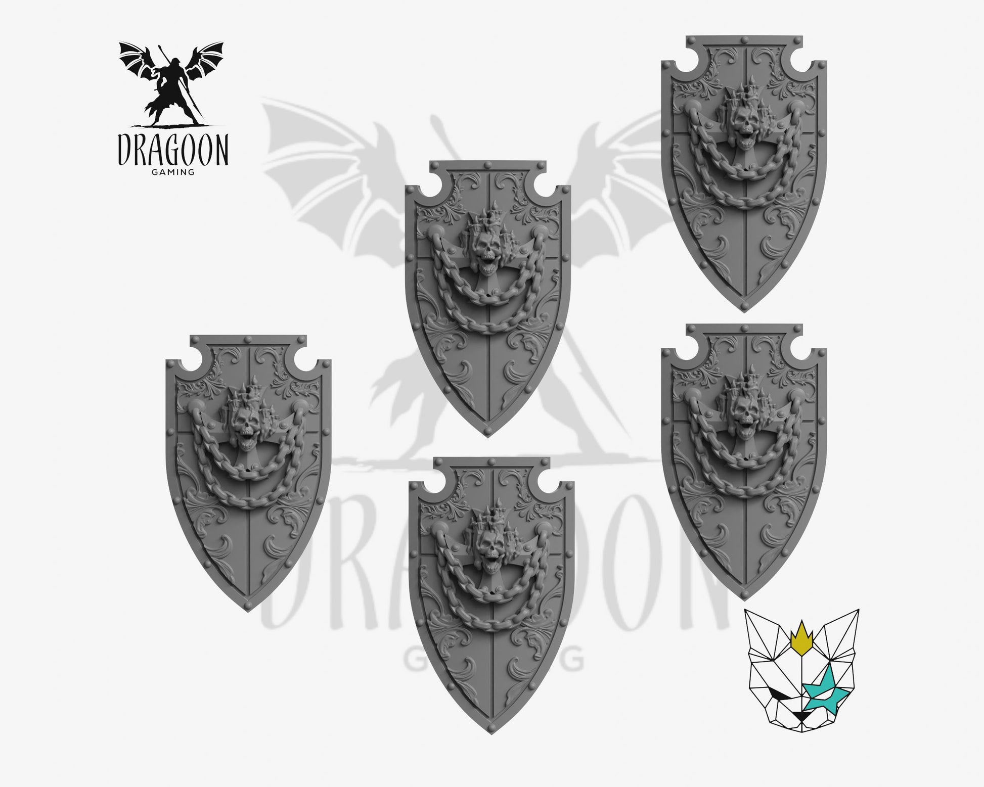 Set of five Templar shields by Marta Punkgirl 3d printed in grey resin for use in 28mm and 32mm tabletop wargames. This item is also compatible with Primaris sized Space Marines, Black Templar and Dark Angels in Warhammer 40K