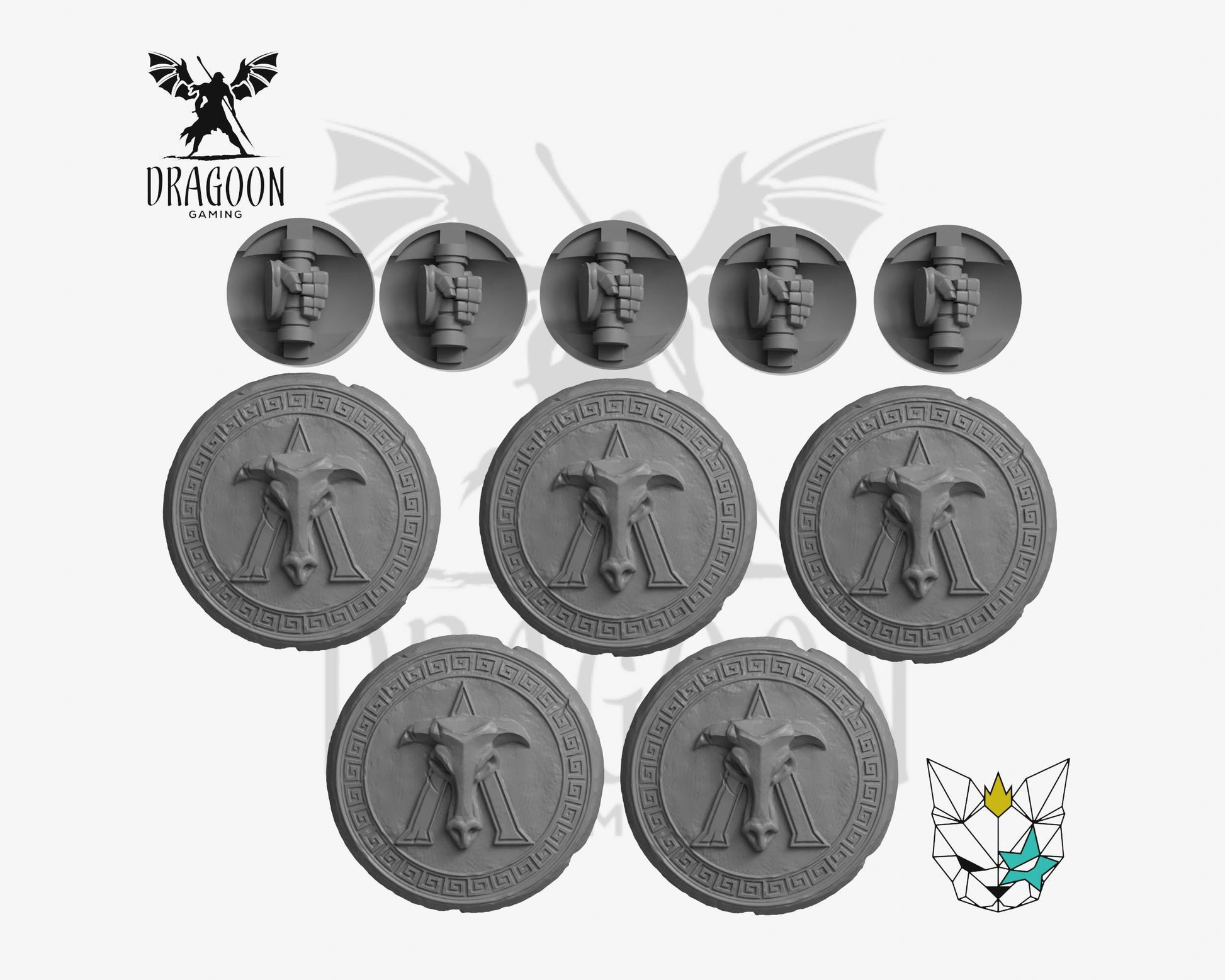 Set of five greek shields by Marta Punkgirl 3d printed in grey resin for use in 28mm and 32mm tabletop wargames. This item is also compatible with Primaris sized Space Marines, Minotaurs and Ultramarines in Warhammer 40K