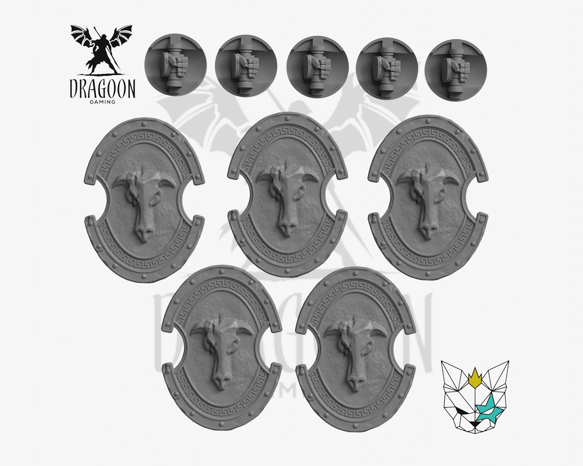 Set of five greek shields by Marta Punkgirl 3d printed in grey resin for use in 28mm and 32mm tabletop wargames. This item is also compatible with Primaris sized Space Marines, Minotaurs and Ultramarines in Warhammer 40K