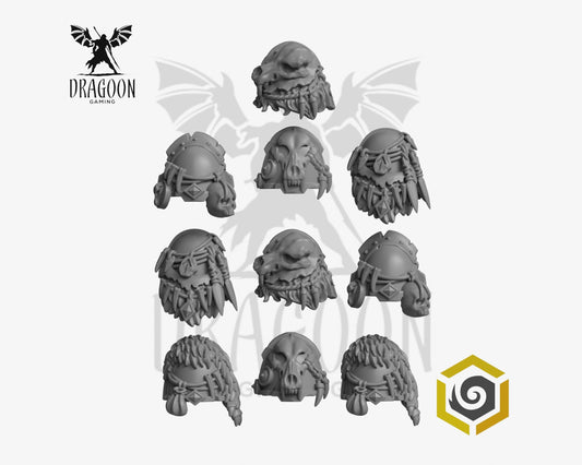 Set of ten Primal Hounds pauldrons by Greytide Studios 3d printed in grey resin for use in 28mm and 32mm tabletop wargames. This item is also compatible with Primaris sized Space Marines and Space Wolves in Warhammer 40K