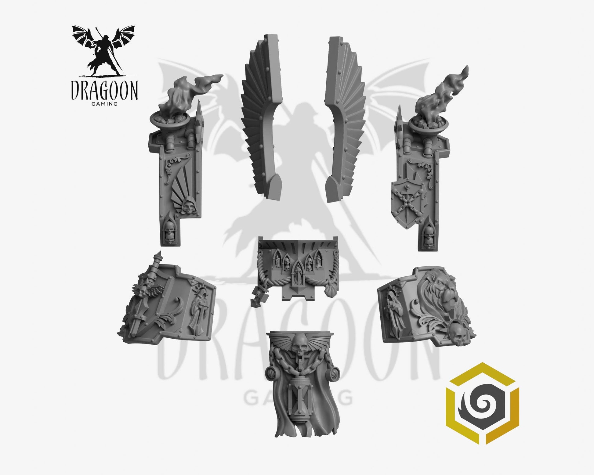 Eternal Pilgrims Redemptor Dreadnought conversion kit by Greytide Studios 3d printed in grey resin for use in 28mm and 32mm tabletop wargames. This item is compatible with Dark Angels and Space Marines in Warhammer 40K