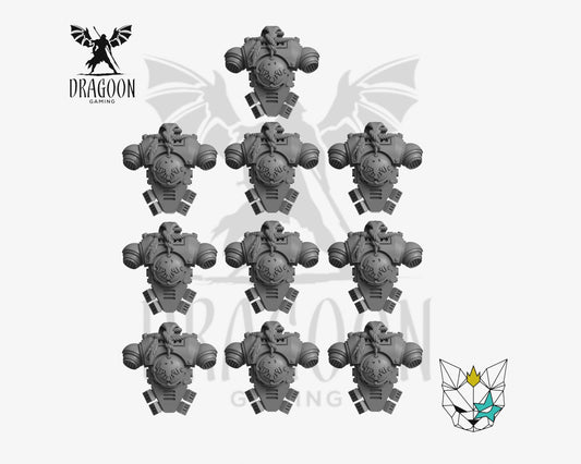 Set of ten Backpacks by  Marta Punkgirl 3d printed in grey resin for use in 28mm and 32mm tabletop wargames. This item is also compatible with Primaris sized Space Marines and Raven Guard in Warhammer 40K