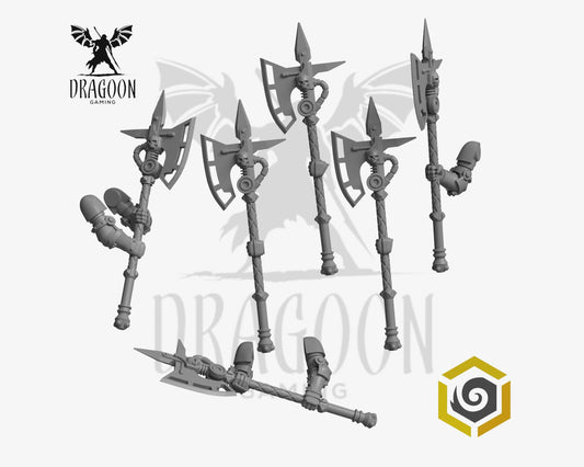 Set of six eternal pilgrims war axes by Greytide Studios 3d printed in grey resin for use in 28mm and 32mm tabletop wargames. This item is also compatible with Primaris Space Marines in Warhammer 40K