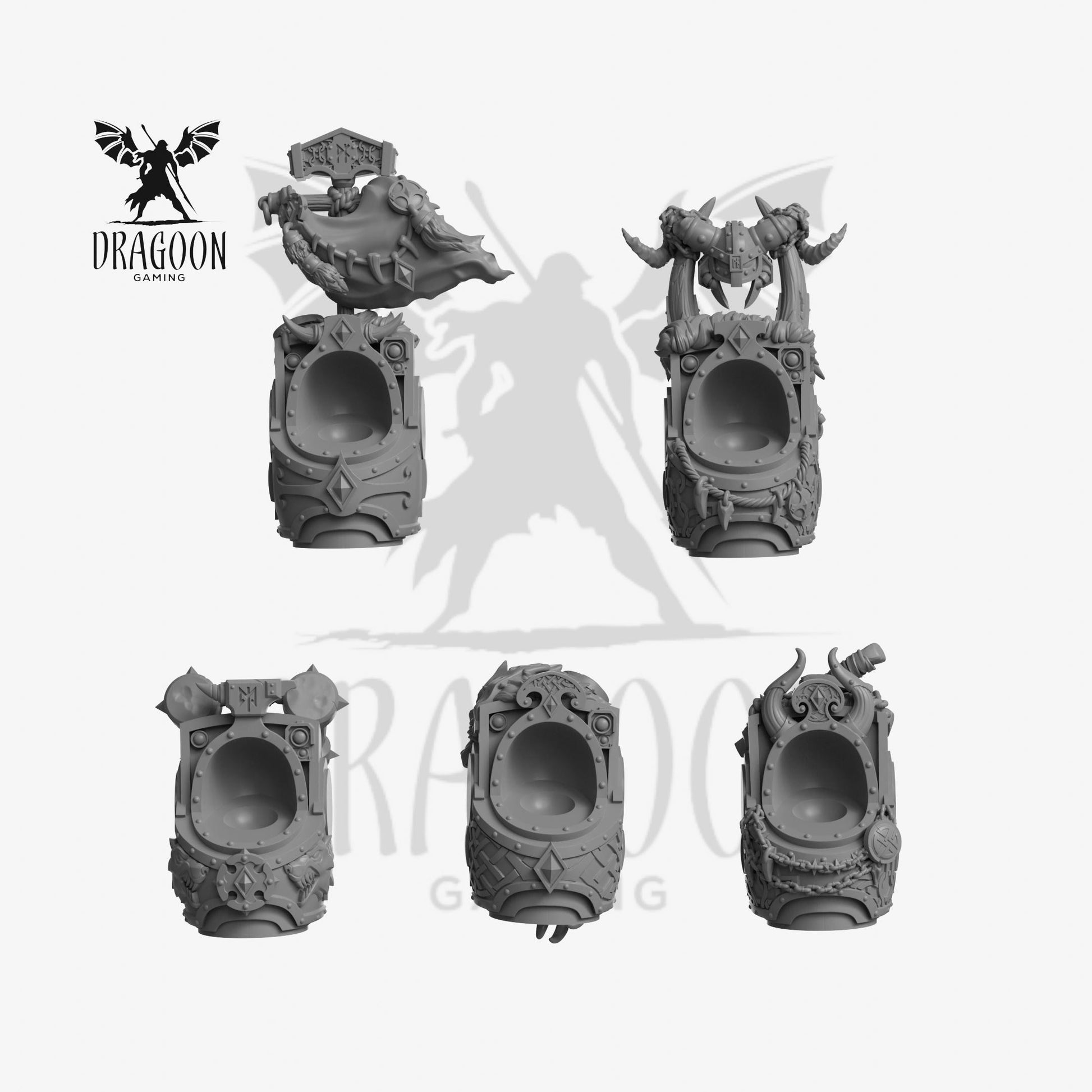 Set of five space Viking terminator 3d printed in grey resin for use in 28mm and 32mm tabletop wargames. This item is also compatible with Primaris sized Space Marine terminators and space wolves in Warhammer 40K