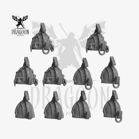 Set of Space Viking themed Knight Terminator pauldrons 3d printed in grey resin for use in 28mm/32mm tabletop wargames. This item is compatible with Primaris sized Space Marines Terminators and Space Wolves in Warhammer 40K