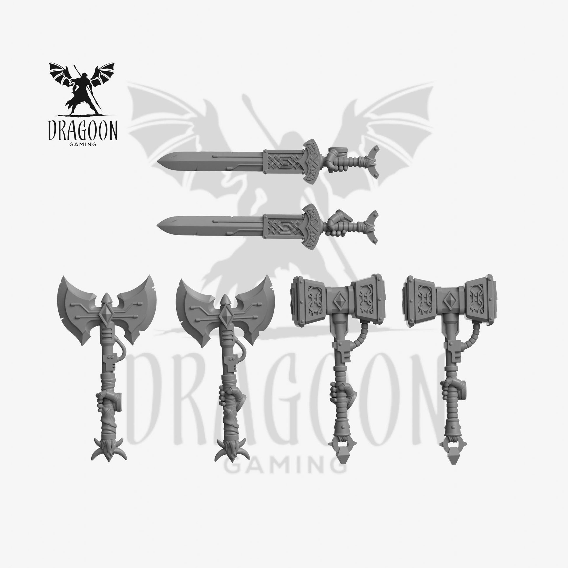 Set of six terminator power wepaons 3d printed in grey resin for use in 28mm and 32mm tabletop wargames. This item is also compatible with Primaris sized Terminator Space Marines and space wolves in Warhammer 40K