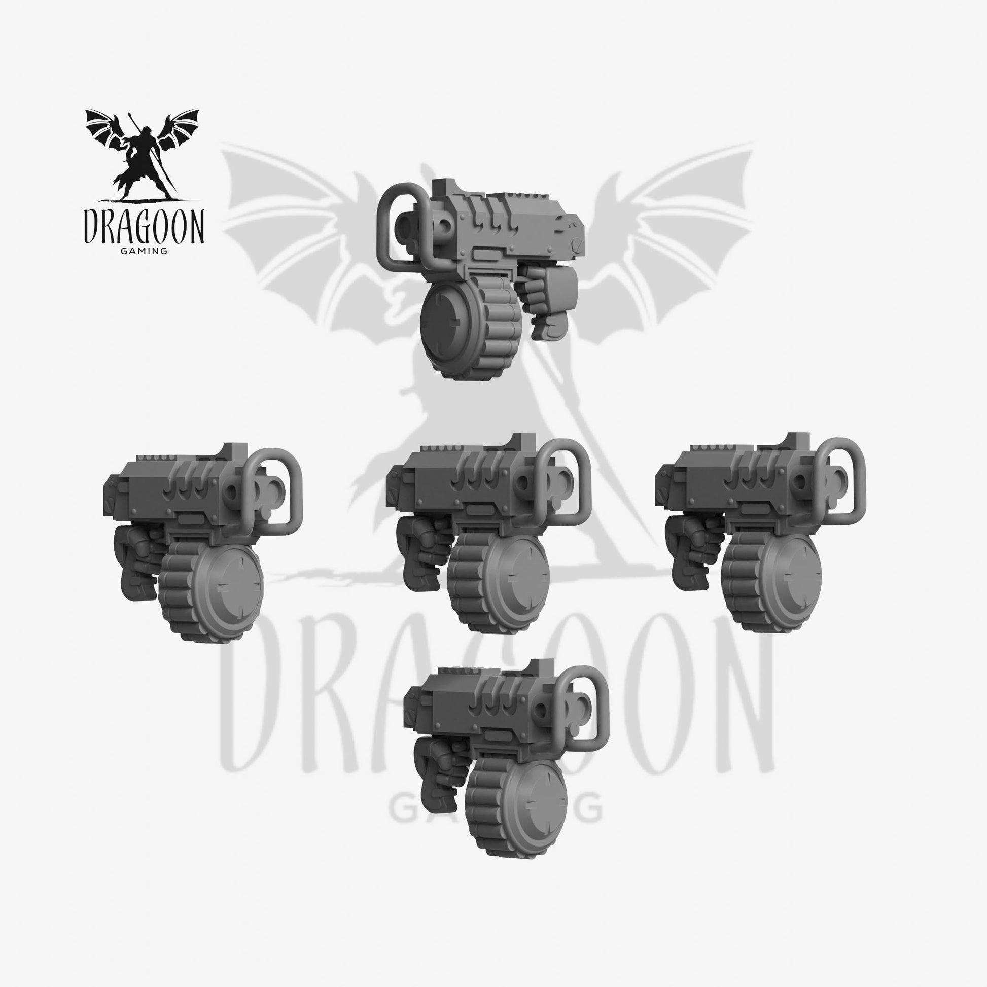 Set of five storm bolters 3d printed in grey resin for use in 28mm and 32mm tabletop wargames. This item is also compatible with Primaris sized Terminator Space Marines, Blood Angels, Ultramarines, Dark Angels and space wolves in Warhammer 40K